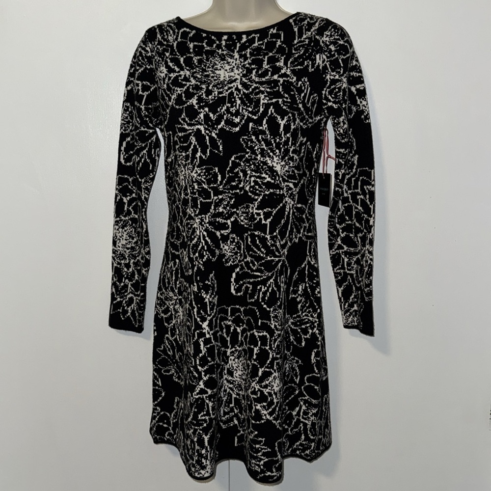 Cynthia Rowley Knit Sweater Dress Black & White Floral Print Women’s XS NEW